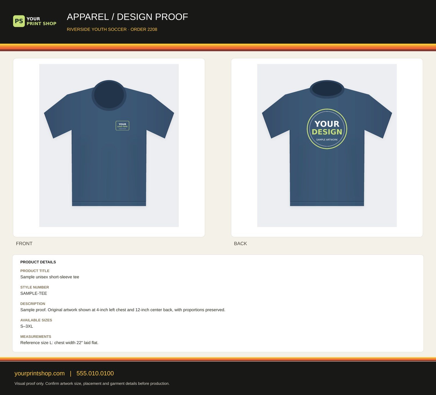 A finished customer proof with front and back views of a tee, product details and shop branding in a striped header and footer